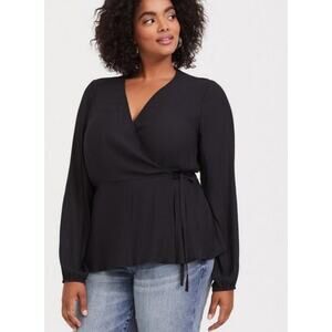 Torrid Crepe Wrap Blouse Plus 5X Black Sheer V-neck Top Casual Office Luxe